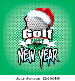 Christmas and new year pattern. Golf logo template design. Golf ball with santa hat. Pattern for banner, poster, greeting card, invitation. Vector illustration