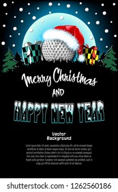 Christmas and new year pattern. Golf ball in santa hat, gift boxes, firs on the background of the moon and snowflakes. Pattern for banner, poster, greeting card, invitation. Vector illustration