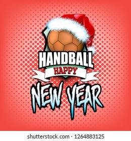 Christmas and new year pattern. Handball logo template design. Handball ball with santa hat. Pattern for banner, poster, greeting card, party invitation. Vector illustration