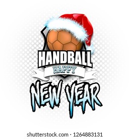 Christmas and new year pattern. Handball logo template design. Handball ball with santa hat. Pattern for banner, poster, greeting card, party invitation. Vector illustration