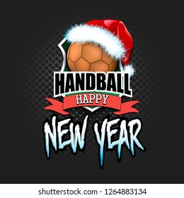Christmas and new year pattern. Handball logo template design. Handball ball with santa hat. Pattern for banner, poster, greeting card, party invitation. Vector illustration