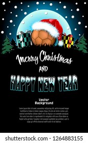 Christmas and new year pattern. Handball ball in santa hat, gift boxes, firs on the background of the moon and snowflakes. Pattern for banner, poster, greeting card, invitation. Vector illustration