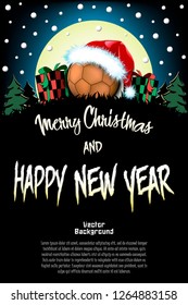 Christmas and new year pattern. Handball ball in santa hat, gift boxes, firs on the background of the moon and snowflakes. Pattern for banner, poster, greeting card, invitation. Vector illustration