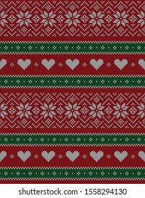 Christmas and New Year pattern. Knitted stripes seamless texture with hearts and nordic snowflakes in red, green, and white for winter scarf, sweater, jumper, socks, gift, or other textile design.