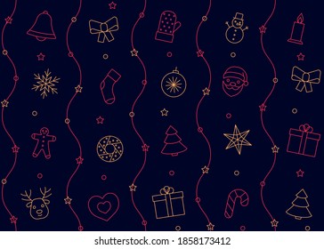 Christmas and New Year pattern line icons on dark blue background. Seamless wallpaper. Greeting happy chrismas. Vector illustration