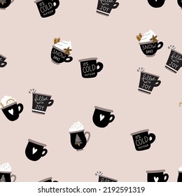 Christmas and New Year pattern made with hot chocolate cups. Frothy drinks for cold winter evenings. Cozy vibes.