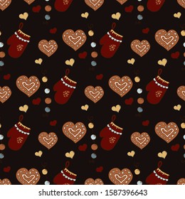 Christmas New Year pattern. Mittens, garlands, gingerbread cookies, hearts. Vector seamless pattern on a dark background.