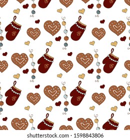 Christmas New Year pattern. Mittens, garlands, gingerbread cookies, hearts. Vector seamless pattern on a white background.