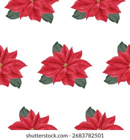 Navidades, patrón del año Nuevo con los brotes rojos abiertos de la flor de Pascua con las hojas verdes en los lados, para el empaquetado de las vacaciones, los textiles o la impresión