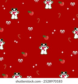 Christmas and New Year pattern with panda, candy cane, ribbon, fruit on a red background for festive wallpaper, backdrop, winter decoration, gift wrap, packaging, cozy blanket, paper, card print