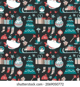 Christmas and new year pattern, pine tree and snowman, presents and gifts. Santa claus with sleigh, knitted socks. Seamless pattern, background or print for xmas winter holiday. Vector in flat style