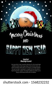 Christmas and new year pattern. Ping-pong ball in santa hat, gift boxes, firs on the background of the moon and snowflakes. Pattern for banner, poster, greeting card, invitation. Vector illustration