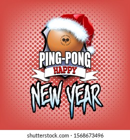 Christmas and new year pattern. Ping-pong logo template design. Ping-pong ball with santa hat. Pattern for banner, poster, greeting card, party invitation. Vector illustration