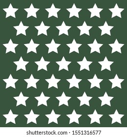 Christmas and new year pattern of repetitive stars of white color. White stars on an isolated green background. Stars fabric. Seamless texture background. Vector illustration