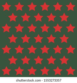Christmas and new year pattern of repetitive stars of green color. Red stars on an isolated green background. Stars fabric. Seamless texture background. Vector illustration