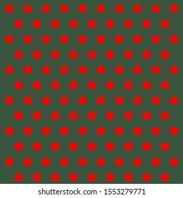Christmas and new year pattern of repetitive stars of green color. Red stars on an isolated green background. Stars fabric. Seamless texture background. Vector illustration