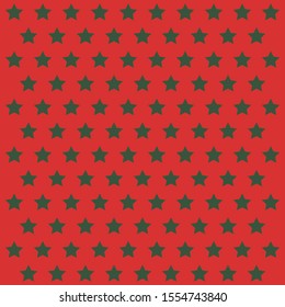 Christmas and new year pattern of repetitive stars of red color. Green stars on an isolated red background. Stars fabric. Seamless texture background. Vector illustration