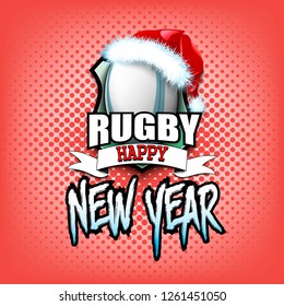 Christmas and new year pattern. Rugby logo template design. Rugby ball with santa hat. Pattern for banner, poster, greeting card, party invitation. Vector illustration