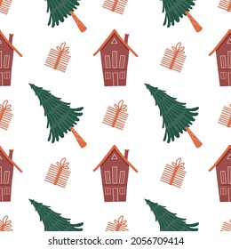 Patrón de Navidad y Año Nuevo. Patrón simple sin inconvenientes con el árbol de Navidad dibujado a mano, los regalos y la casa. Textil, textil, póster, tarjeta, impresión, invitación, envoltura