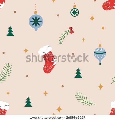 Christmas and New Year pattern. Seamless festive background design with winter holiday decorations, bauble, stocking, ornament. Repeating print, texture for wrapping paper. Flat vector illustration