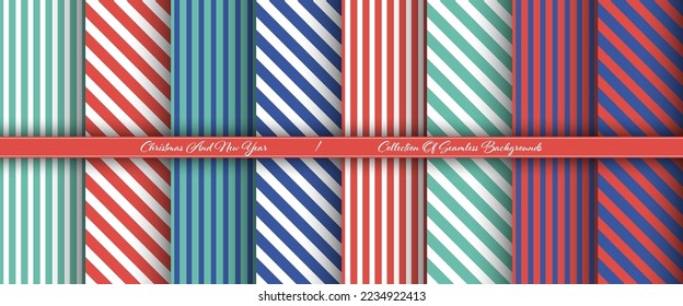 Patrón de Navidad y Año Nuevo. Un conjunto de experiencias sin fisuras para felicitaciones, decoraciones e ideas creativas. Rayas verdes, azules y rojas