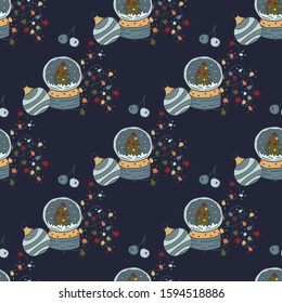 Christmas New Year pattern. Snow globes, garland, christmas balls. Vector seamless pattern on a dark background.