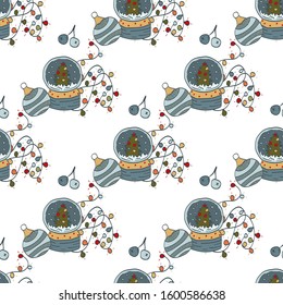Christmas New Year pattern. Snow globes, garland, christmas balls. Vector seamless pattern on a white background.