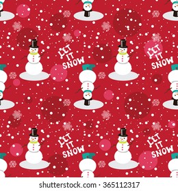 Christmas and New Year pattern, snow and snowmen - let it snows. Vector seamless background