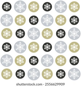 Christmas and New Year pattern with snowflakes in gold, silver and black spheres, seamless vector background, flat design for textile print, wallpaper, wrapping paper.