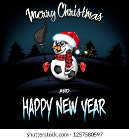 Christmas and new year pattern. snowman from soccer balls with broom and sparklers on the background of dark Christmas tree forest. Design pattern for greeting card. Vector illustration
