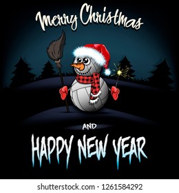 Christmas and new year pattern. snowman from volleyball balls with broom and sparklers on the background of dark Christmas tree forest. Design pattern for greeting card. Vector illustration