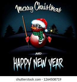 Christmas and new year pattern. snowman from billiard balls with cue and sparklers on the background of dark Christmas tree forest. Design pattern for greeting card. Vector illustration