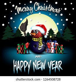 Christmas and new year pattern. Snowman from bowling balls with broom and sparklers, gift boxes, firs on the background of the moon and snowflakes. Pattern for greeting card. Vector illustration