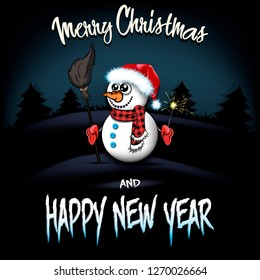 Christmas and new year pattern. Snowman with broom and sparklers on the background of dark Christmas tree forest. Design pattern for greeting card. Vector illustration