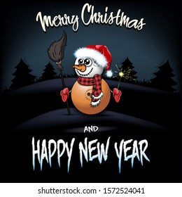 Christmas and new year pattern. snowman from ping-pong balls with broom and sparklers on the background of dark Christmas tree forest. Design pattern for greeting card. Vector illustration