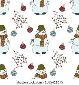 Christmas New Year pattern. Snowman, garlands and Christmas balls. Vector seamless pattern on a white background.