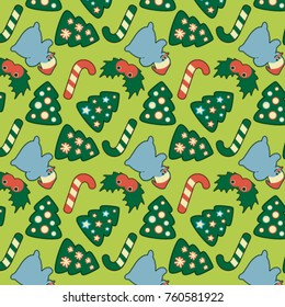 Christmas and New Year pattern with sweets, decoration and snowmen.