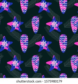  Christmas and New Year pattern with textured Christmas tree decorations on a dark background. Holiday vector illustration.