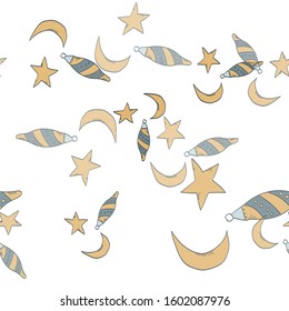 Christmas New Year pattern. Christmas toys, stars and the moon. Vector seamless pattern on a white background.