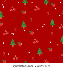 Natal e Ano Novo padrão com árvore de Natal, cana de doces, frutas no fundo vermelho para papel de parede festivo, pano de fundo, decoração de inverno, envoltório de presente, embalagem, cobertor, design de papel, cartão, tecido