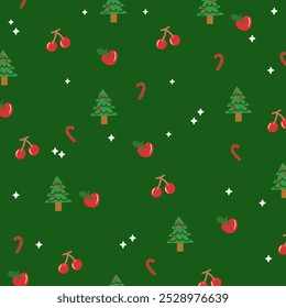 Christmas and New Year pattern with Christmas tree, candy cane, fruit on green background for festive wallpaper, backdrop, winter decoration, gift wrap, packaging, blanket, paper design, card, fabric