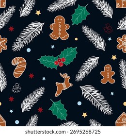 Padrão de Natal e Ano Novo. Árvore de Natal, flores, bagas e gengibre. Símbolos do Ano Novo. Modelo de design de vetor.