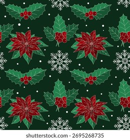 Christmas and New Year pattern. Christmas tree, flowers, berries. New Year symbols. Vector design template.