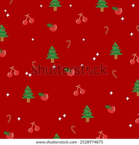 Christmas and New Year pattern with Christmas tree, candy cane, fruits on red background for festive wallpaper, backdrop, winter decoration, gift wrap, packaging, blanket, paper design, card, fabric