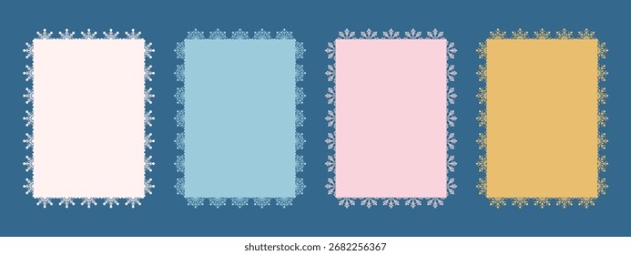 Christmas New Year pattern, vector design for frame. Set of festive backgrounds with frame of snowflake outlines. Traditional colors and geometric elements. Space for text