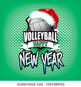 Christmas and new year pattern. Volleyball logo template design. Volleyball ball with santa hat. Pattern for banner, poster, greeting card, invitation. Vector illustration