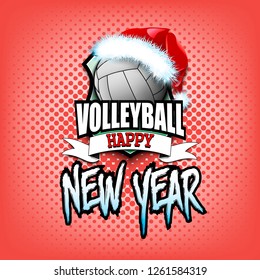 Christmas and new year pattern. Volleyball logo template design. Volleyball ball with santa hat. Pattern for banner, poster, greeting card, invitation. Vector illustration