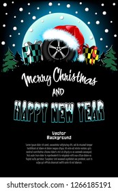 Christmas and new year pattern. Wheel car in santa hat, gift boxes, firs on the background of the moon and snowflakes. Pattern for banner, poster, greeting card, invitation. Vector illustration