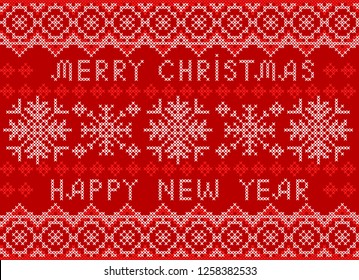 Christmas and New Year Pattern for Winter Holidays Design. Embroidered Handmade Cross Stitch Ethnic Vector Seamless Ornament of White Snowflakes on the Red  Background.