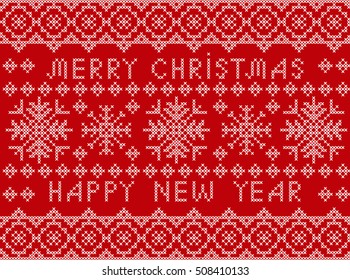 Christmas and New Year Pattern for Winter Holidays Design. Embroidered handmade  cross-stitch ethnic pattern. Vector winter seamless pattern of white snowflakes on a red background.